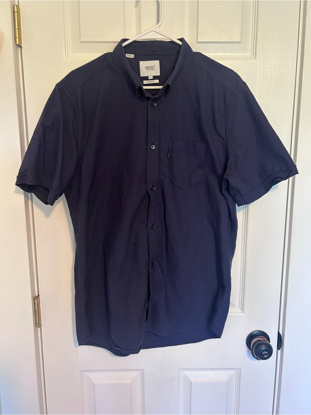 WESC Men's Short Sleeve Button-Down Shirt in Navy Blue